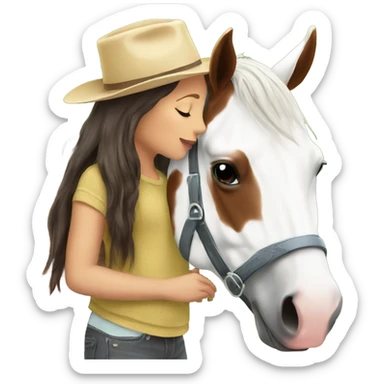 girl kissing paint horse outdoors sticker