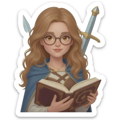emoji style illustration of a woman with long light brown wavy hair, light brown eyes and round glasses holding an open book, with a sword on her back, fantasy heroine reader aesthetic sticker