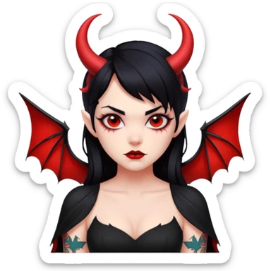 Demon girl, entire skin solid red, black hair, horns, bat wing, black dress, tattoo-flash comic. sticker