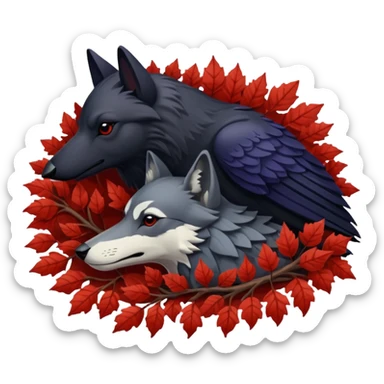 A raven and a wolf curled together with Weirwood leaves beneath them  sticker