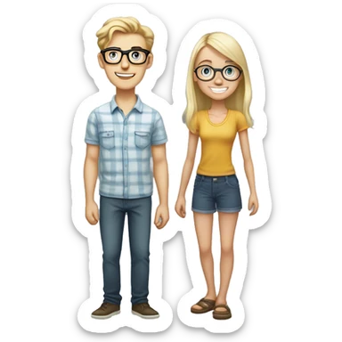 nerdy, skinny white blond guy in his mid-20s with glasses and braces, standing behind a shorter girl, smiling menacingly. sticker