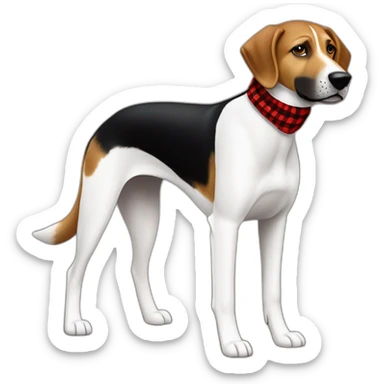 75% Coonhound 25% German Shepherd mix dog wearing small pointed red buffalo plaid bandana side view full body facing left sticker