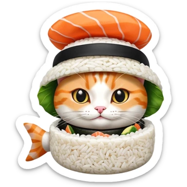 cat wearing a hat with a rice base and multiple fish pieces on top, sushi hat sticker