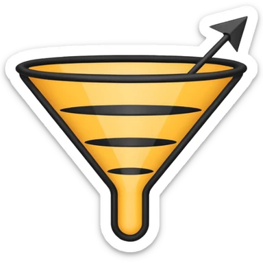 Minimalistic flat vector icon, iOS style, thin black contour on white background. Sales funnel shape with arrows pointing downward. Clean, no text, no shadows.
 sticker