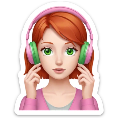 Red head with green eyes listening to music on pink wireless headphones  sticker