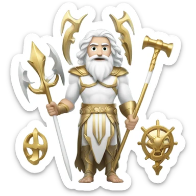 white man Poseidon with gold Trident. long white hair white dress.  with mechanic tools sticker
