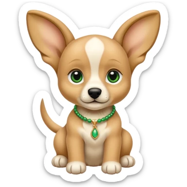 un chiot beige, les oreilles recourbées et plus foncées. Un collier vert sticker