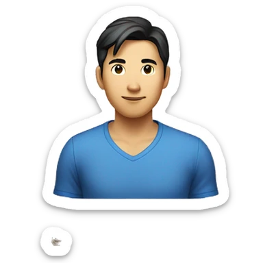 Asian man in blue shirt, dark medium length  hair, standing in a shipping box sticker