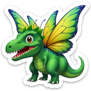 A dinosaur chewing on a huge butterfly sticker