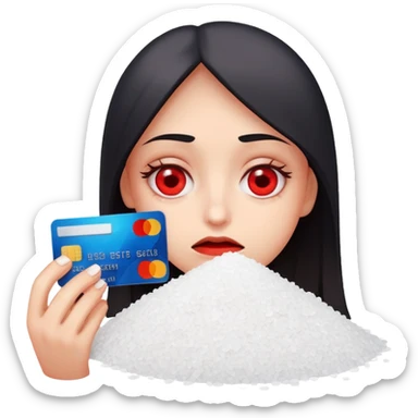 Tired red eyes holding crédito card with a pile of Salt  sticker