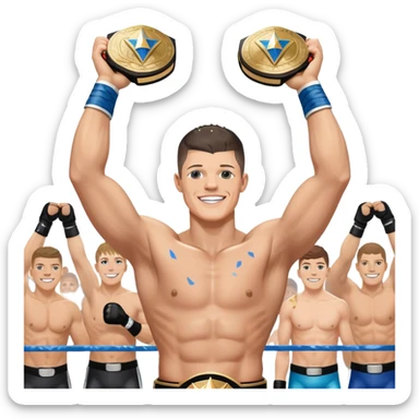 Cody Rhodes, with a beaming smile and tears of joy, holds a championship belt aloft, his muscular arms raised in triumph, as confetti rains down around him. sticker