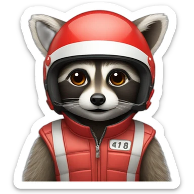 raccoon with a red formula 1 helmet on sticker