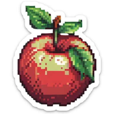 pixel art red apple with green leaf, blocky and simple, retro style sticker