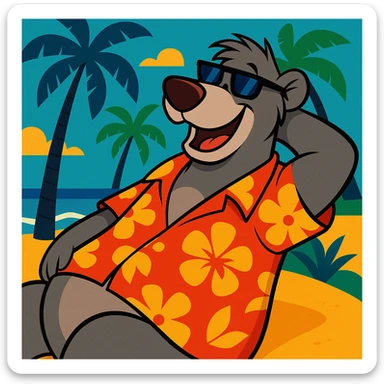 Baloo the bear relaxing on a tropical beach, wearing sunglasses and a Hawaiian shirt, palm trees and ocean in the background, vibrant and cheerful style sticker