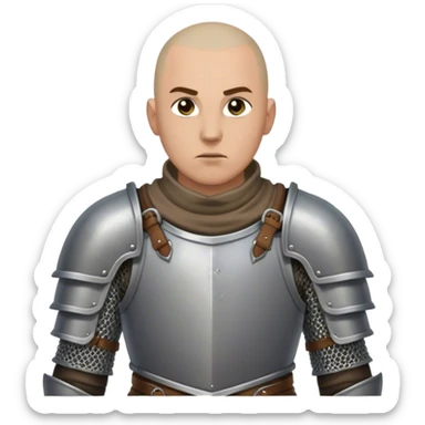 medieval battle armor worn by a DnD themed fantasy character. basic full plate cuirass with leather straps and a chainmail coif. armor only above the waist. The armor full waist. The character's haven't arms. character is shaved head gray eyes scarred face light-skinned man. sticker