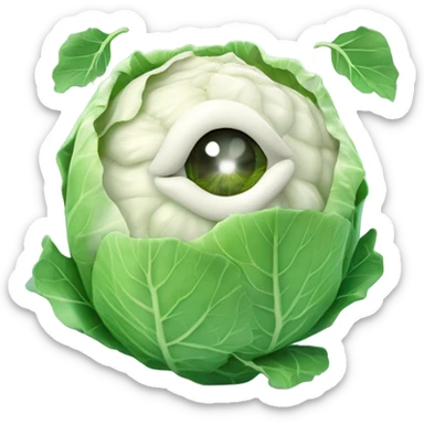 Create a 3D "White colored cabbage" with a surprised face and big shiny eyes 👀. one green leaf, white colored copta holds the mirror with its reflection 🪞 sticker