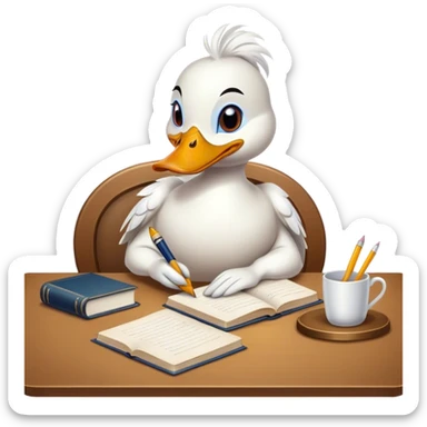 a female duck at a table writing a book sticker