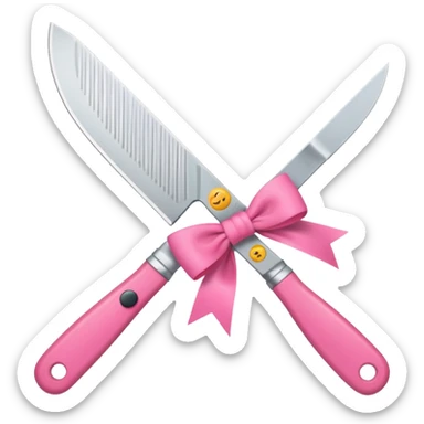 Kitchen knife with a pink bow tied around the handle, emoji style, simple, flat vector, white background, only one object sticker
