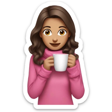 Brunette brown eyed girl sipping coffee in warm pink clothes and gloves sticker