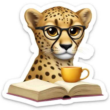 Cheetah with glasses tea and a book sticker