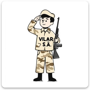 soldadito con uniforme camuflado en colores crema, marrón y beige, con la inscripción 'Vilar S.A.' en el pecho, saludando como militar, estilo dibujo a mano alzada sticker