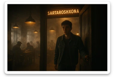 Sartaroshxonaga kirib kelayotgan bola 18-19 yoshlarda u eshikni ochayapti rakurs ichkaridan g'ira shira  sticker