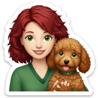 Girl with dark red hair green eyes holding a beige goldendoodle sticker
