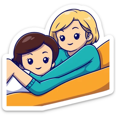 Short haired brunette woman laying on the lap of a long blonde haired woman sticker