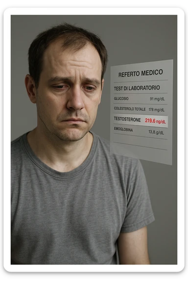 Un uomo caucasico di 35-45 anni, in CGI fotorealistico, che mostra i segni fisici ed emotivi di un basso livello di testosterone. aggiungere un referto medico semi-trasparente fluttuante accanto a lui, con valori di testosterone evidenziati in rosso. in italiano sticker