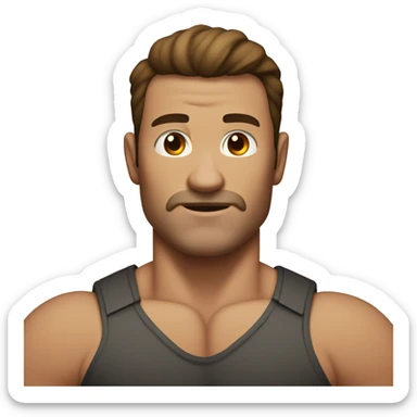 muscular man with no facial hair, large arms, brown hair which is long in the front and parted in the middle sticker