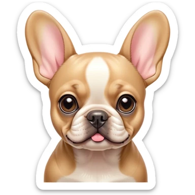 Cinematic Cute Fawn French Bulldog Portrait Emoji, Head tilted playfully and inquisitively, featuring a glossy fawn coat with a smooth texture, round, sparkling dark eyes filled with curiosity, Simplified yet irresistibly adorable features, highly detailed, glowing with a warm, friendly glow, high shine, affectionate and lively, stylized with a touch of whimsy, bright and endearing, soft glowing outline, capturing the essence of a mischievous yet loving companion, so playful it feels like it could prance out of the screen and into your arms! sticker