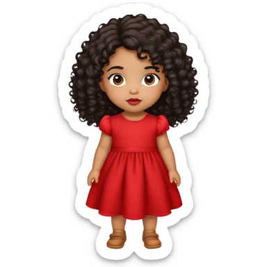 light brown skin tone, very adorable toddler, with big plump lips, long long lashes, black curly hair, middle hair parting, brown eyes, red dress sticker