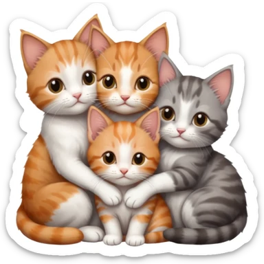 3 tiny kittens cuddling together all different colours, the first one is grey and white, the second is ginger and white and the third is brown tabby and white sticker