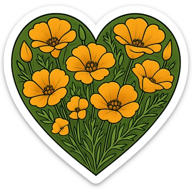 heart with a golden poppy meadow, clean digital illustration sticker