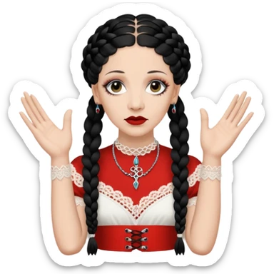 Lene Lovich as seen on the Stateless album cover with a typical symmetrical pose with her hands, lots of lace and braided hair sticker