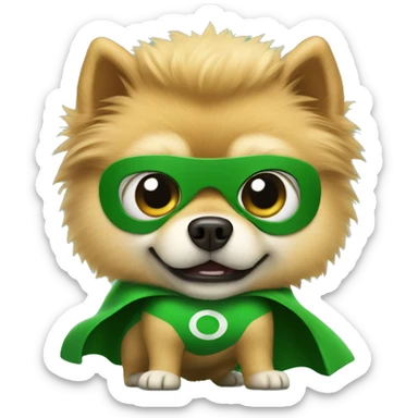 angry pomeranian in green superhero suit sticker