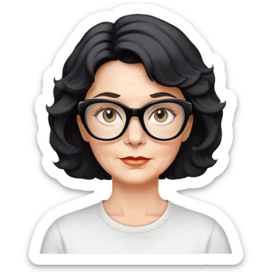 white woman about 50 years old with light warm skin, wavy black neck-length 80s short hair, neutral determined expression, large black shiny butterfly or cat-eye glasses, white casual t-shirt sticker