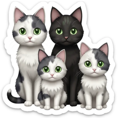 3 different coloured small cats including a dark grey and white, and a patchy calico and a completely solid dark grey with green eyes and only white paws sticker