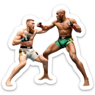 An MMA showdown between Conor McGregor and Anderson Silva in the octagon. McGregor is executing a jumping strike, while Silva skillfully deflects the attack. The background shows the UFC octagon with roaring fans and vibrant energy. Transparent background. sticker