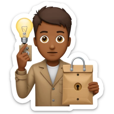 guy with a paper bag with eye holes on his head holding a light switch sticker