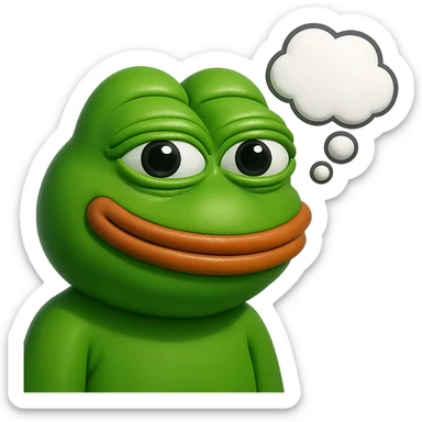 make a pepe in bright green smiling and looking straight at the camera with thought bubble looking at right right in 3d style, good highlights and shadows, drop shadows sticker