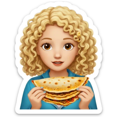 mujer con pelo rubio rizado comiendo quesadillas quemadas. sticker