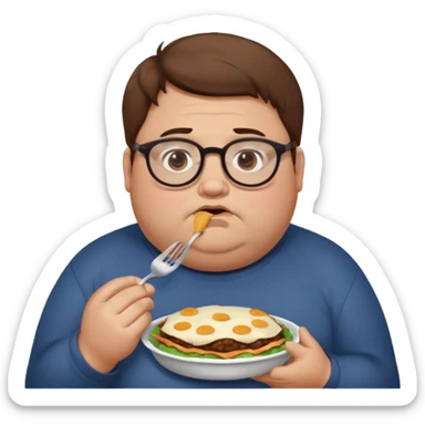 Fat sad guy with brown hair and glasses eating food sticker
