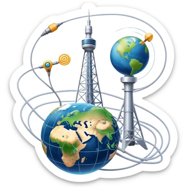 An icon featuring a communication tower with signal waves, satellites in orbit, and fiber optic cables. The design includes a smartphone and an earth with connection lines, symbolizing global communication networks. Transparent background  sticker