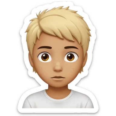 caramel skin color. Teen age. Short buzz, messy blonde hair, dark brown bushy eyebrows large expressive golden-brown eyes, brown skin color, scar over nose, wearing a plain white t-shirt. sticker