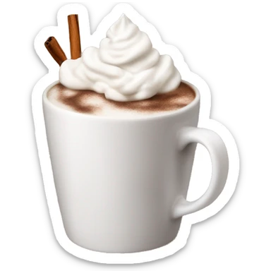 white mug of hot chocolate with whipped cream and cinnamon sticker