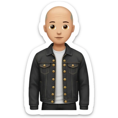  a man with bald head, black jeans jacket sticker