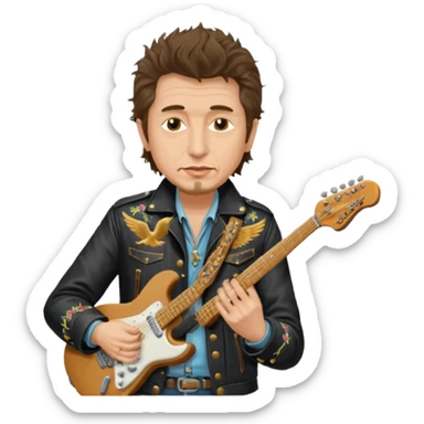 realistic cinematic bob dylan, unshaven and long haired, in a motor jacket embroidered with bronze cranes, plays an electric guitar sticker