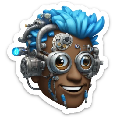 Brown cyborg head with blue Mohawk, blue beard, silver steampunk monocle goggles a smile and circuits sticker