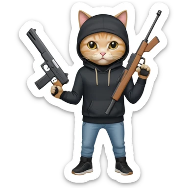 Cat with a ski mask and black hoodie holding a beige colored glock 19 gun and with skinny jeans on and black sneaker shoes sticker